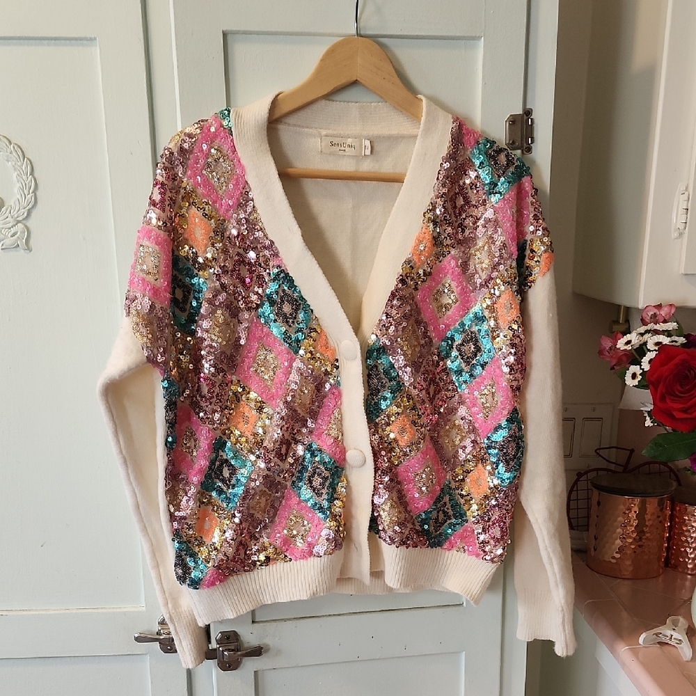 L Sequin Hearts Pink and Gold Sequin Cardigan